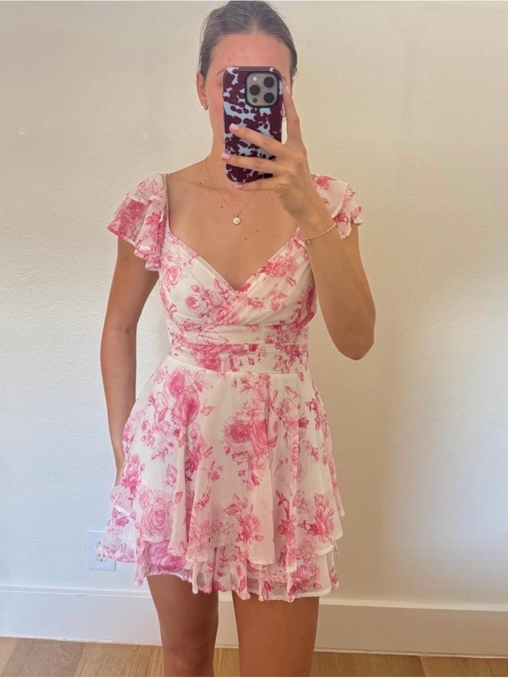 Altar'd State Pink Floral Wrap Ruffle Mini Romper